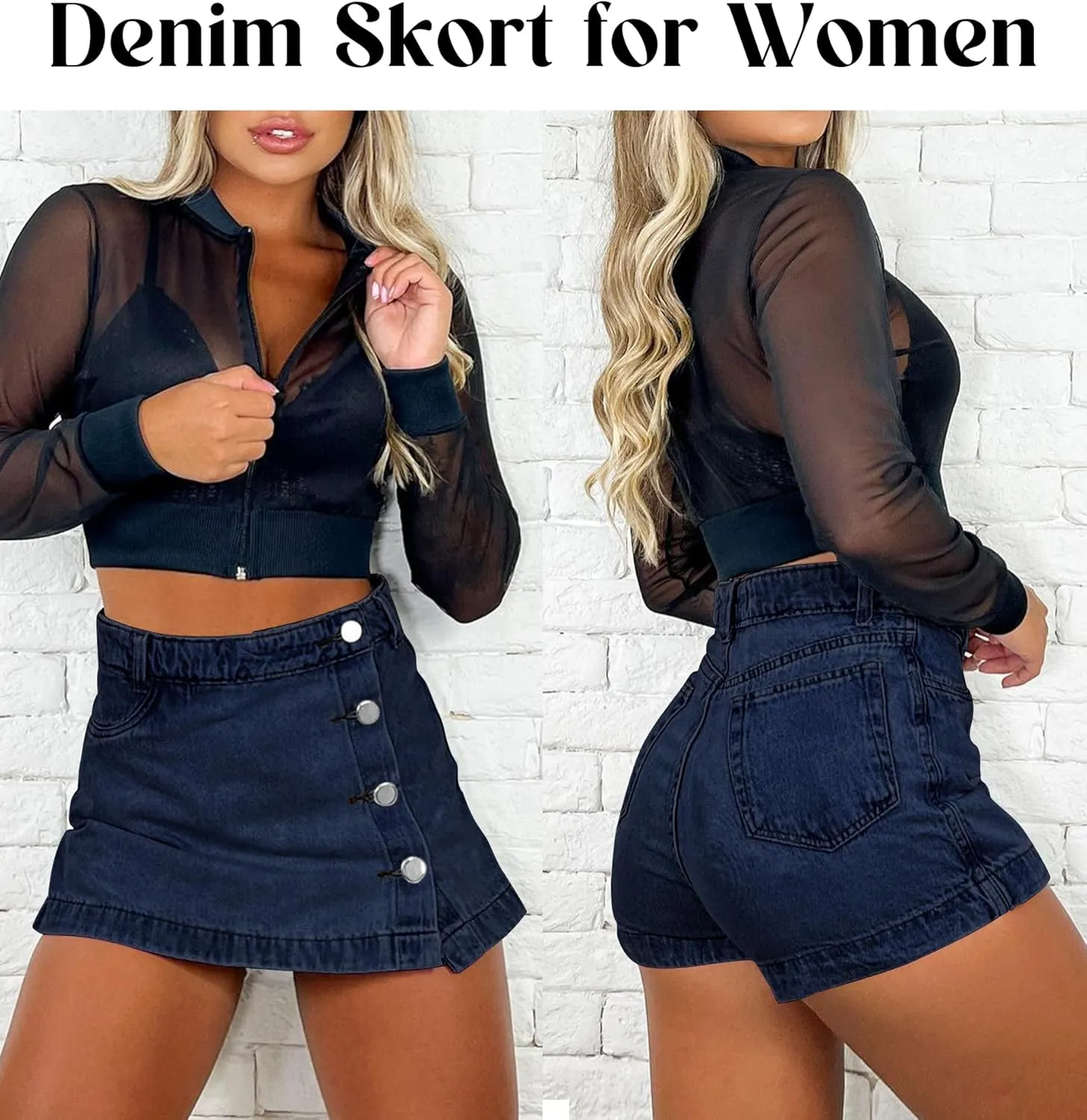 Denim Skort for Women Trendy Slit Mini Denim Skirt Casual Stretchy Jean Skirt with Shorts Summer Short Skirt