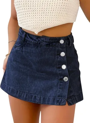 Denim Skort for Women Trendy Slit Mini Denim Skirt Casual Stretchy Jean Skirt with Shorts Summer Short Skirt