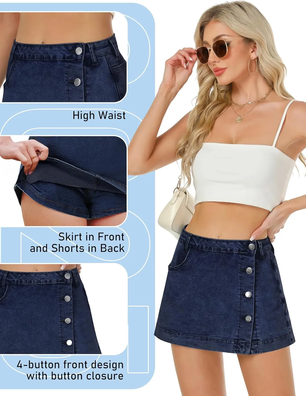 Denim Skort for Women Trendy Slit Mini Denim Skirt Casual Stretchy Jean Skirt with Shorts Summer Short Skirt