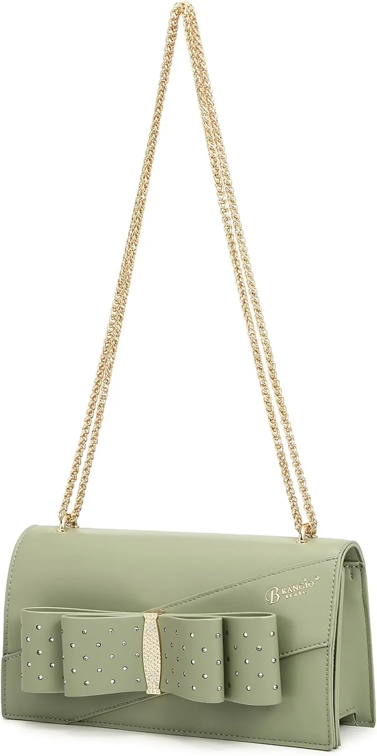 Designer Ribbon Romance Crossbody Clutch with Rhinestones Party and Wedding Evening Bling Purse for Women
