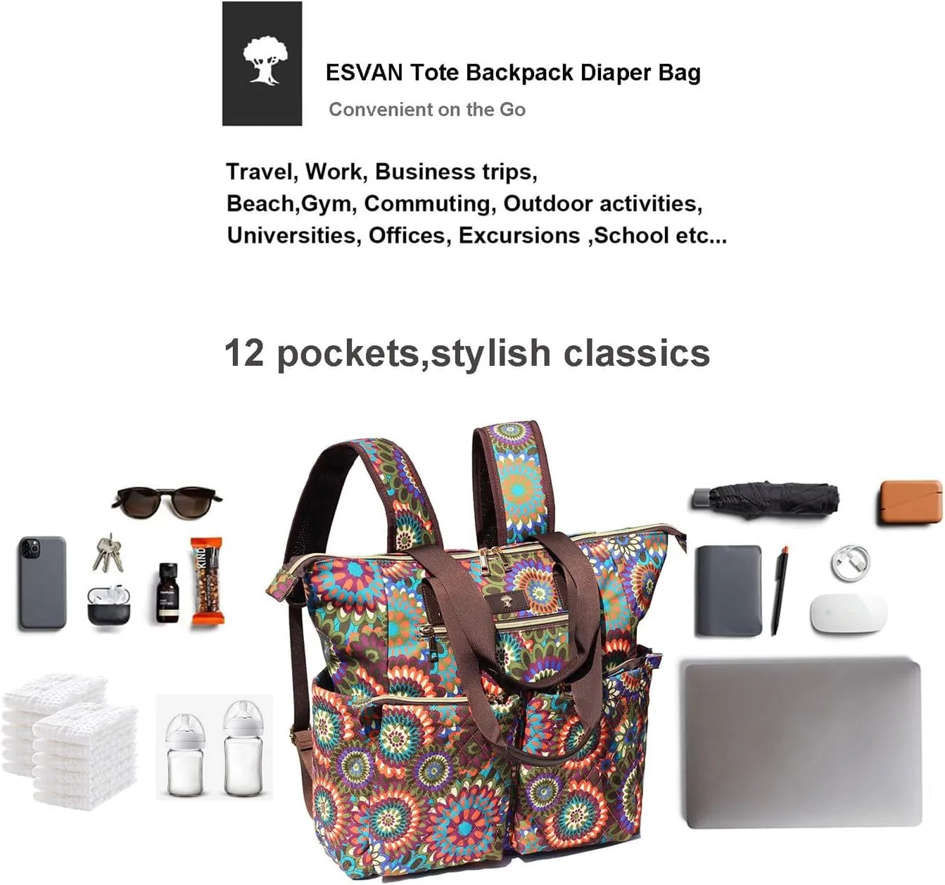 Diaper Tote Bag Totepack Backpack 2 in 1 for Women Multifunctional Large Capacity with Insulated Pockets Travel