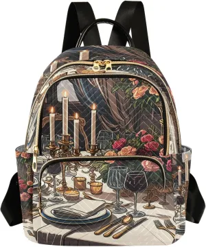 Dining Table Candlelight Warm Backpack Purse for Women Fashion Small Mini Daypack Purse for Lady Anti-theft Shoulder Bag Back Pack Handbag Lady Purse