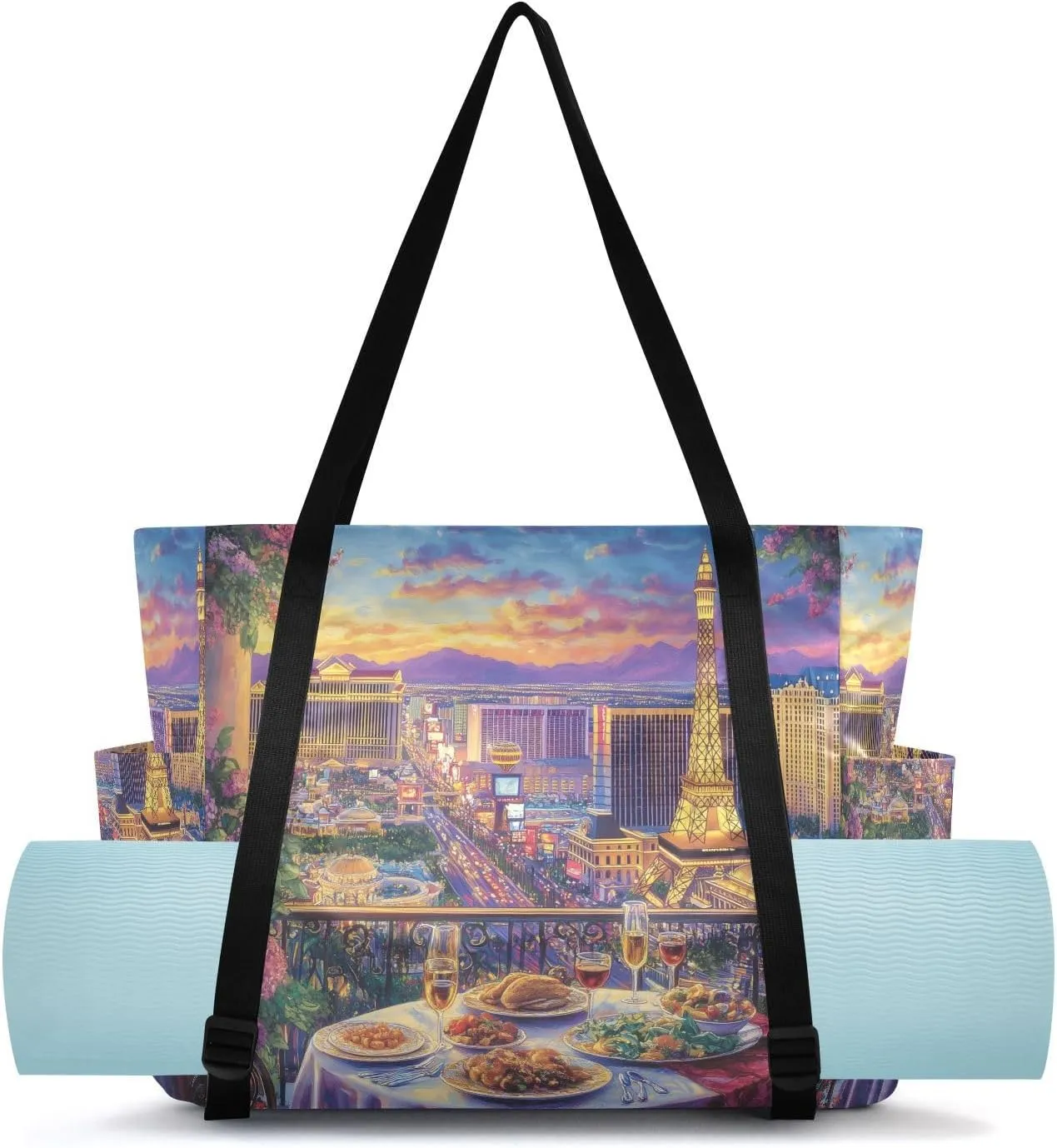 Dinner Tower Golden Yoga Mat Bag Carrier with Wet Dry Storage Pockets Pilates Bag Large Gym Tote Carryall with Water Bottle Holder for Women Travel Beach Office