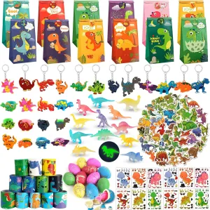 Dinosaur Party Favors For Kids, 134 Dino Party Favors With Slap Bracelets, Keychains, Rubber Rings, Make-a-Face Sticker, Dinosaur Stickers, Dinosaur Figures, Dinosaur Eggs, Dinosaur Goodie Bags