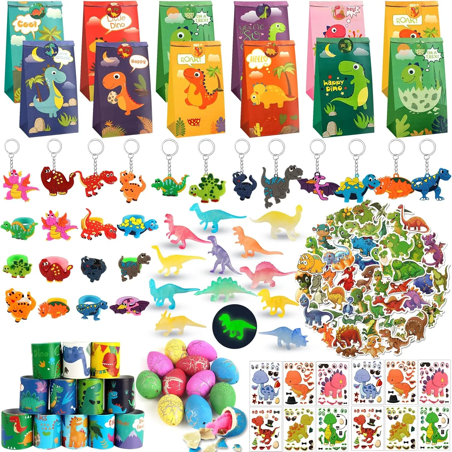 Dinosaur Party Favors For Kids, 134 Dino Party Favors With Slap Bracelets, Keychains, Rubber Rings, Make-a-Face Sticker, Dinosaur Stickers, Dinosaur Figures, Dinosaur Eggs, Dinosaur Goodie Bags