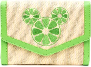 Disney Bag, Horizontal Fold Over Crossbody, Mickey Mouse Embroidered Citrus Ears Lime Green, Raffia Straw