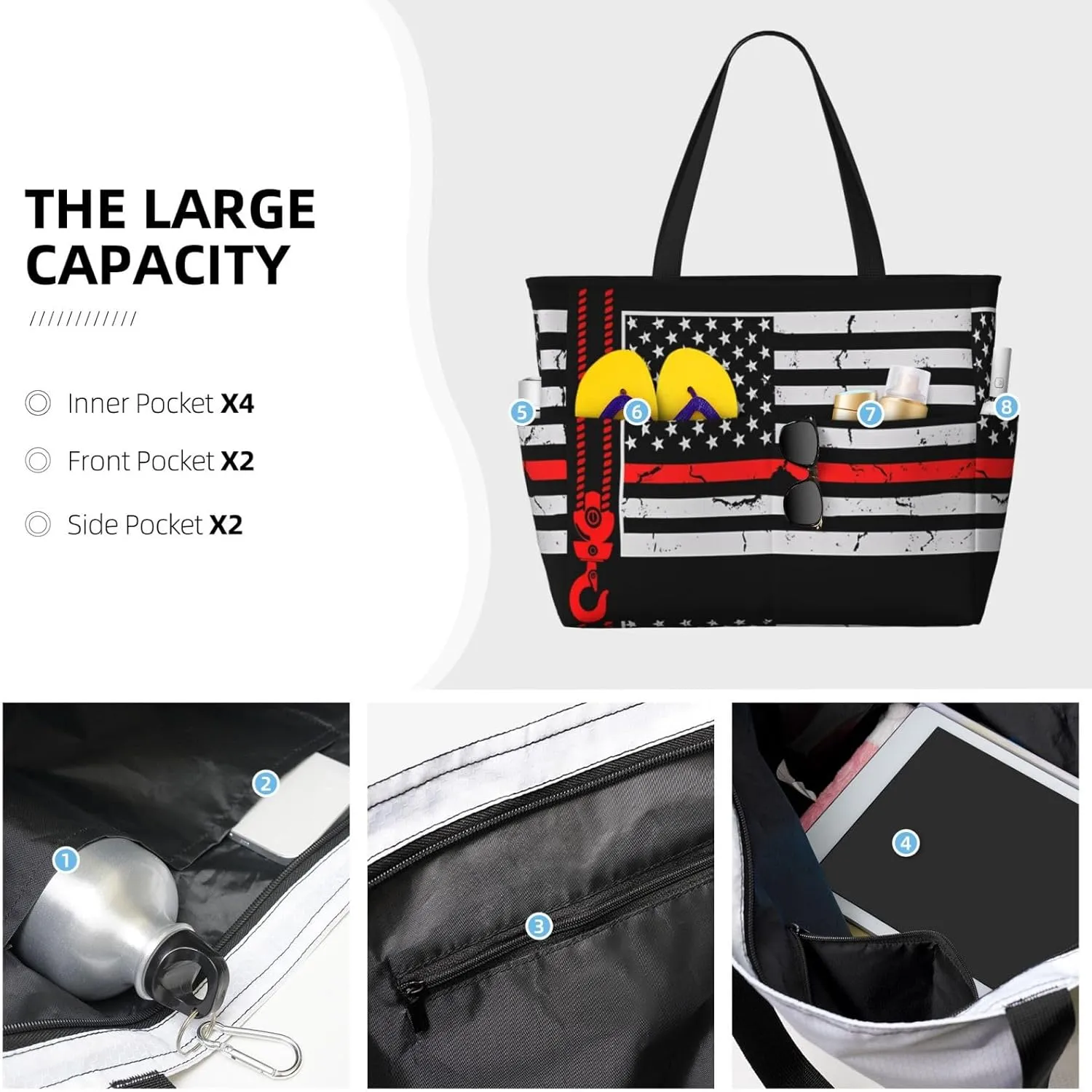Dispatch Police Military Fire Flag Tote Bag With 8 Storage Pockets Top Zip Shoulder Bag Handbag For Travel Work Women