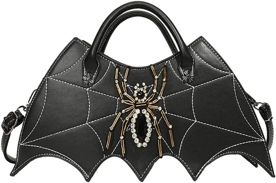 DIY Spider Embroidery Diamond-encrusted Crossbody Bag, Sewing Fashion Handbag, PU Bat-like Shoulder Bag For Women