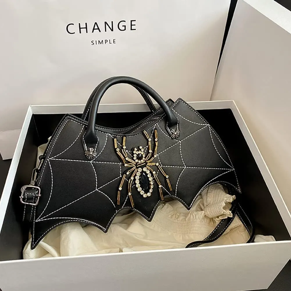 DIY Spider Embroidery Diamond-encrusted Crossbody Bag, Sewing Fashion Handbag, PU Bat-like Shoulder Bag For Women