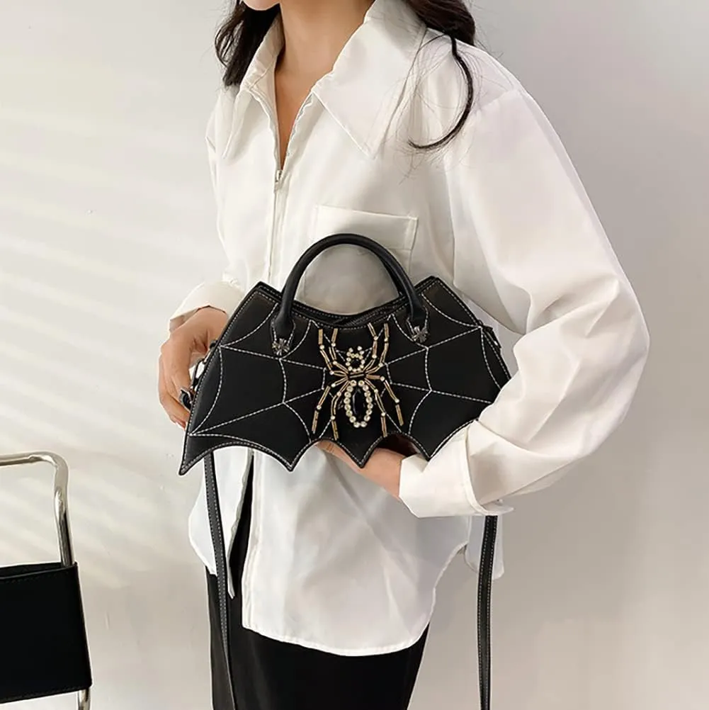 DIY Spider Embroidery Diamond-encrusted Crossbody Bag, Sewing Fashion Handbag, PU Bat-like Shoulder Bag For Women