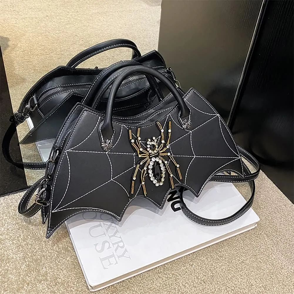 DIY Spider Embroidery Diamond-encrusted Crossbody Bag, Sewing Fashion Handbag, PU Bat-like Shoulder Bag For Women