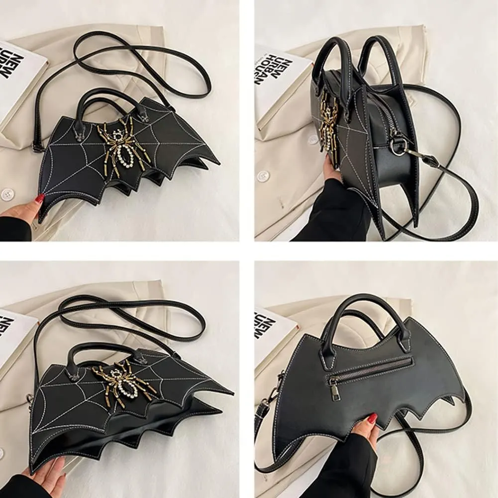 DIY Spider Embroidery Diamond-encrusted Crossbody Bag, Sewing Fashion Handbag, PU Bat-like Shoulder Bag For Women