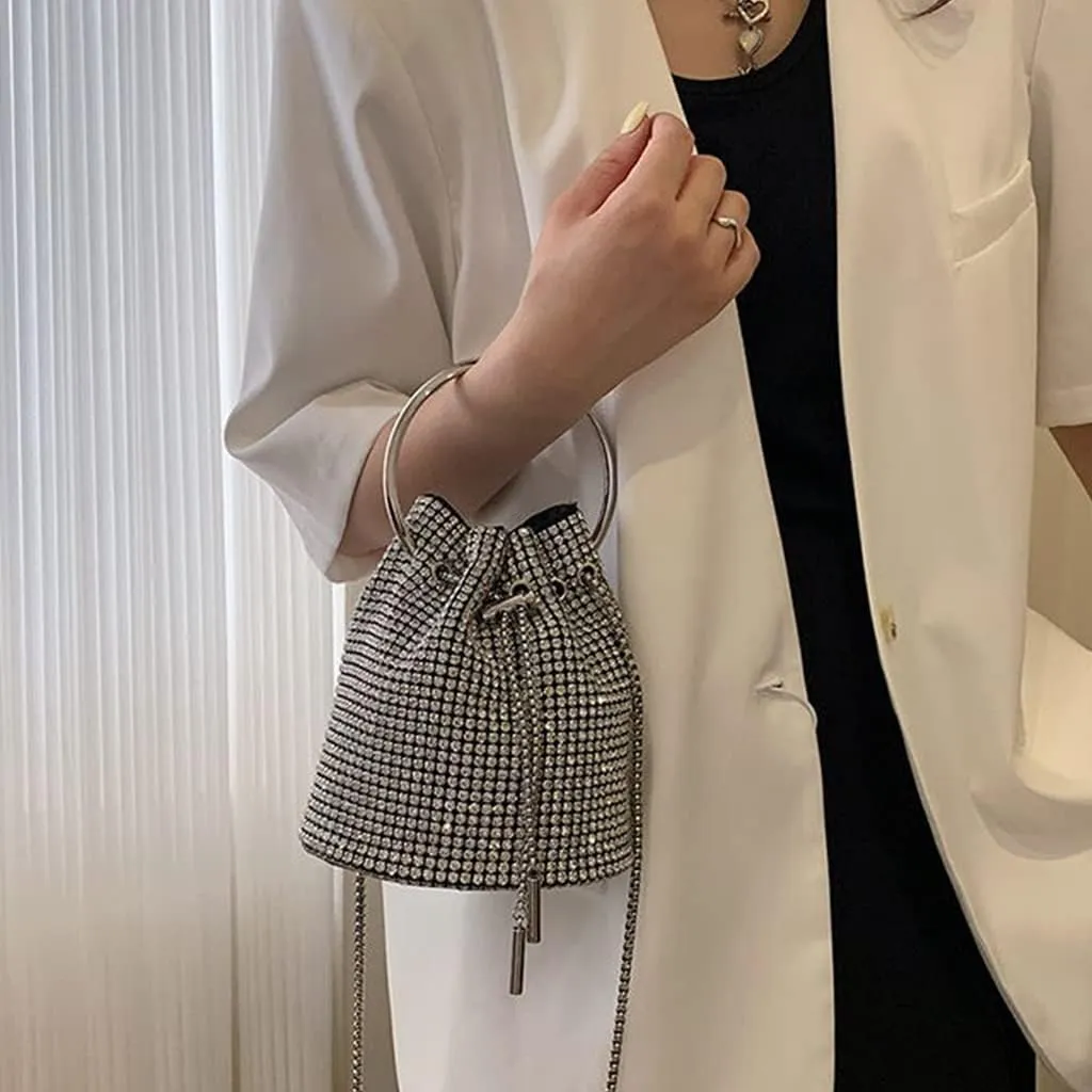DJBM Women Full Diamonds Bucket Handbag Rhinestone Clutch Purse Evening Clutch for Women Party Prom Cocktail Wedding