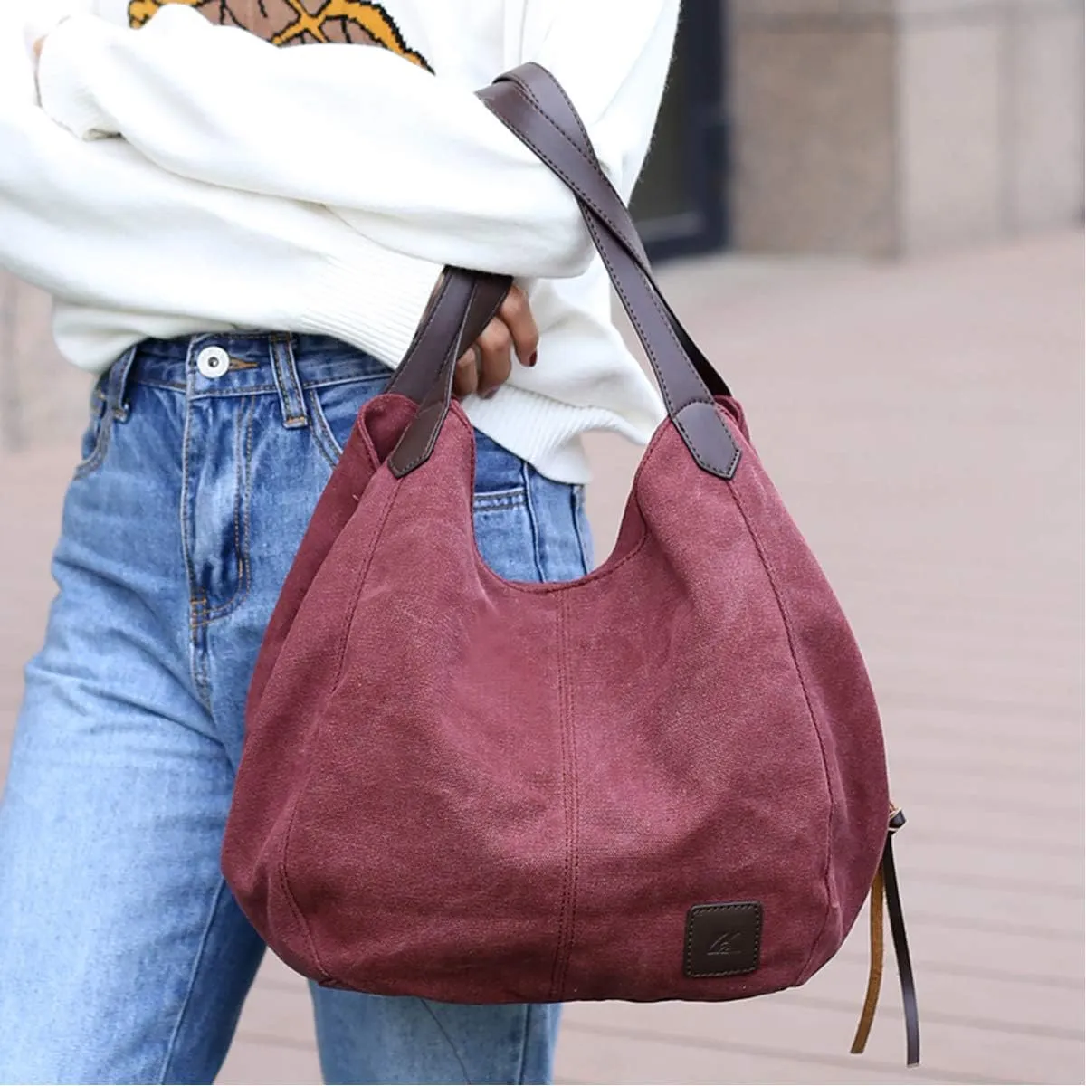 DOURR Women's Multi-pocket Shoulder Bag Fashion Cotton Canvas Handbag Tote Purse