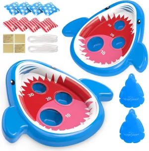 Eaglestone 2 PCS Pool Shark Cornhole Toys for Kids, Inflatable Swimming Pool Toys for Adults Family, 8 Bean Bags Toss Game w/Sandbag Anchor, Floating Outdoor Beach Toys for Pool Game Party, Water Toy