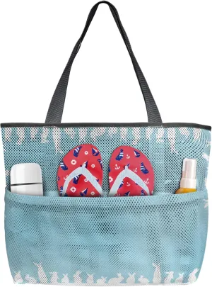 Easter White Rabbit Silhouettes Round Lace Beach Tote Bag, Simple Blue Backdrop Mesh Beach Bags Waterproof Sandproof, Outdoor Picnic Swim Pool Handbag - Large Beach Bag with Zipper and Pockets