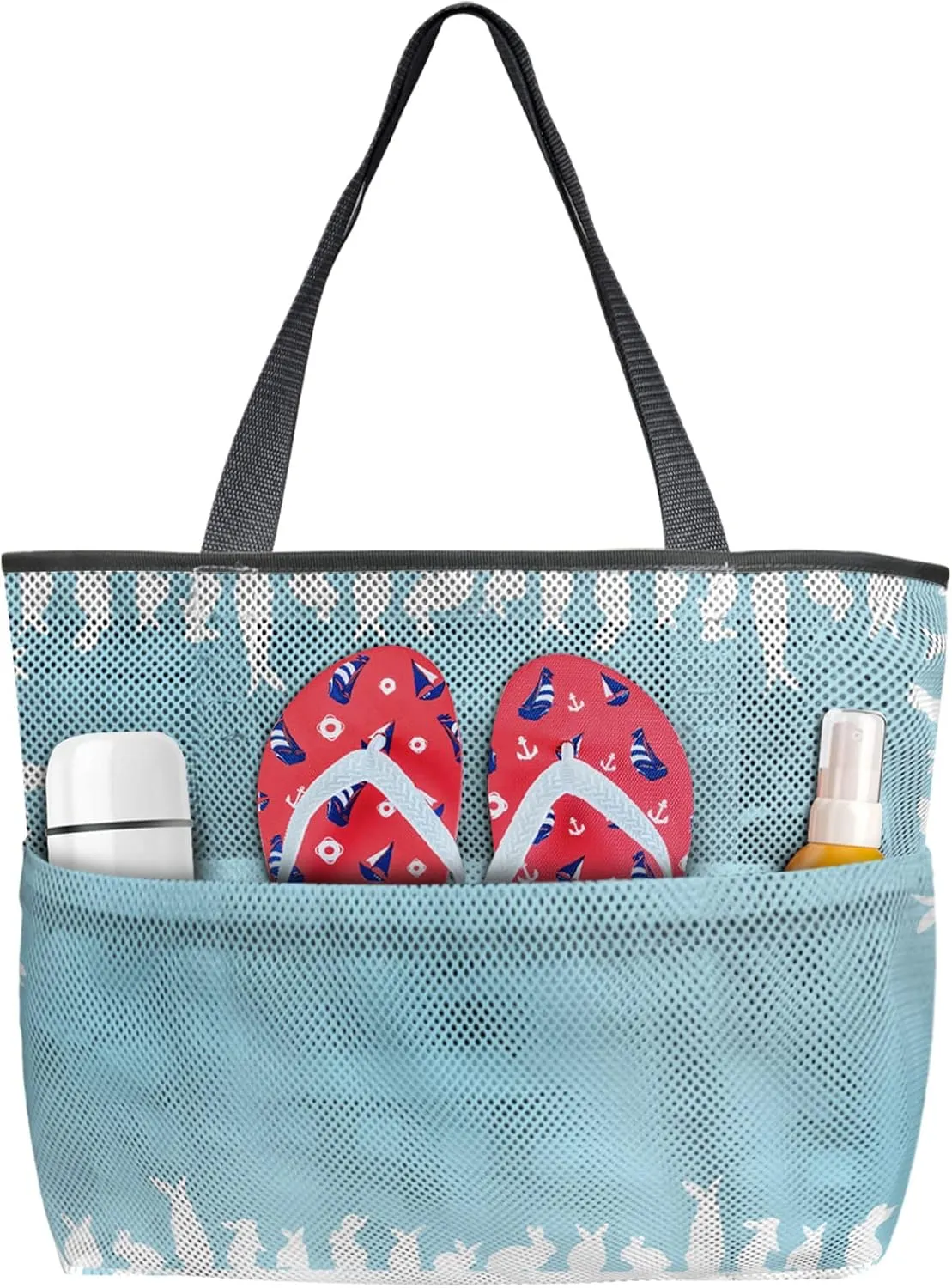 Easter White Rabbit Silhouettes Round Lace Beach Tote Bag, Simple Blue Backdrop Mesh Beach Bags Waterproof Sandproof, Outdoor Picnic Swim Pool Handbag - Large Beach Bag with Zipper and Pockets