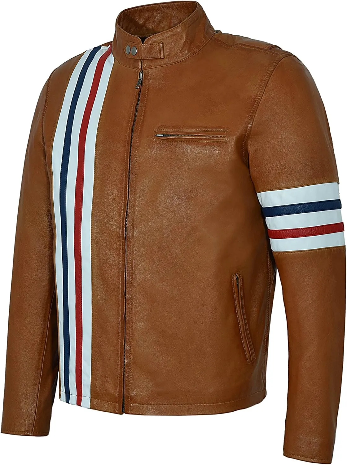 'Easy Rider' Men's TAN America Motorcycle Stripes Lambskin Leather Jacket