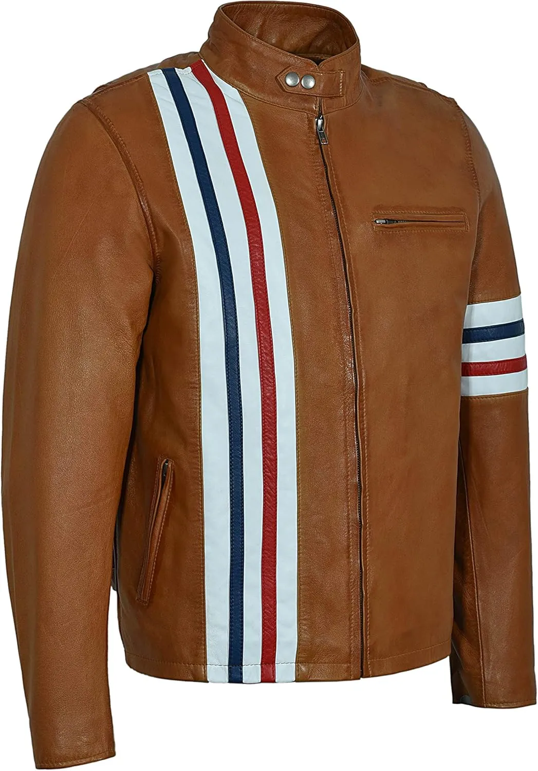 'Easy Rider' Men's TAN America Motorcycle Stripes Lambskin Leather Jacket