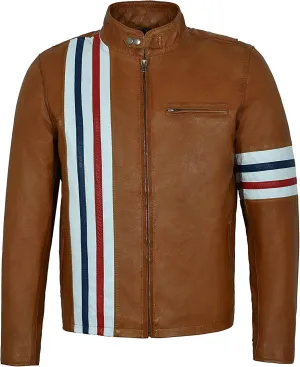 'Easy Rider' Men's TAN America Motorcycle Stripes Lambskin Leather Jacket
