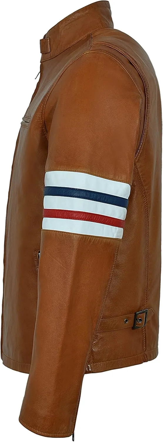 'Easy Rider' Men's TAN America Motorcycle Stripes Lambskin Leather Jacket