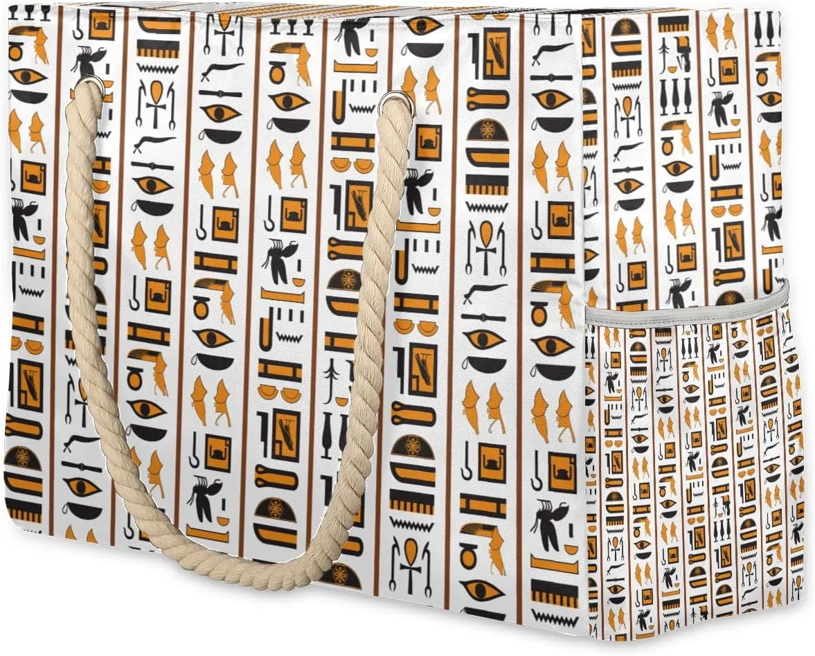 Egypt Art Large Beach Tote Bag Women Waterproof Sandproof Zipper Egyptian Culture Beach Bag for Pool Gym Grocery Travel with Wet Pocket