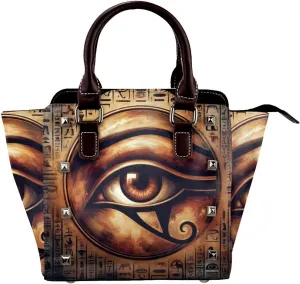 Egypt-Hieroglyphs-Eye-Of-Horus Pu Leather Crossbody Studded Bag, Fashionable Shoulder Handbag With Detachable Shoulder Strap