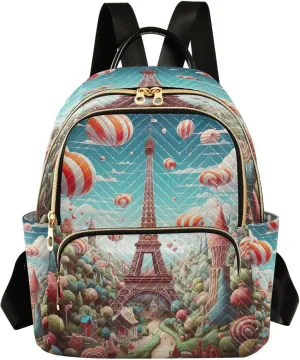 Eiffel Tower Hot Air Balloon Backpack Purse for Women Fashion Small Mini Daypack Purse for Lady Anti-theft Shoulder Bag with Double Zipper Weekend Bag