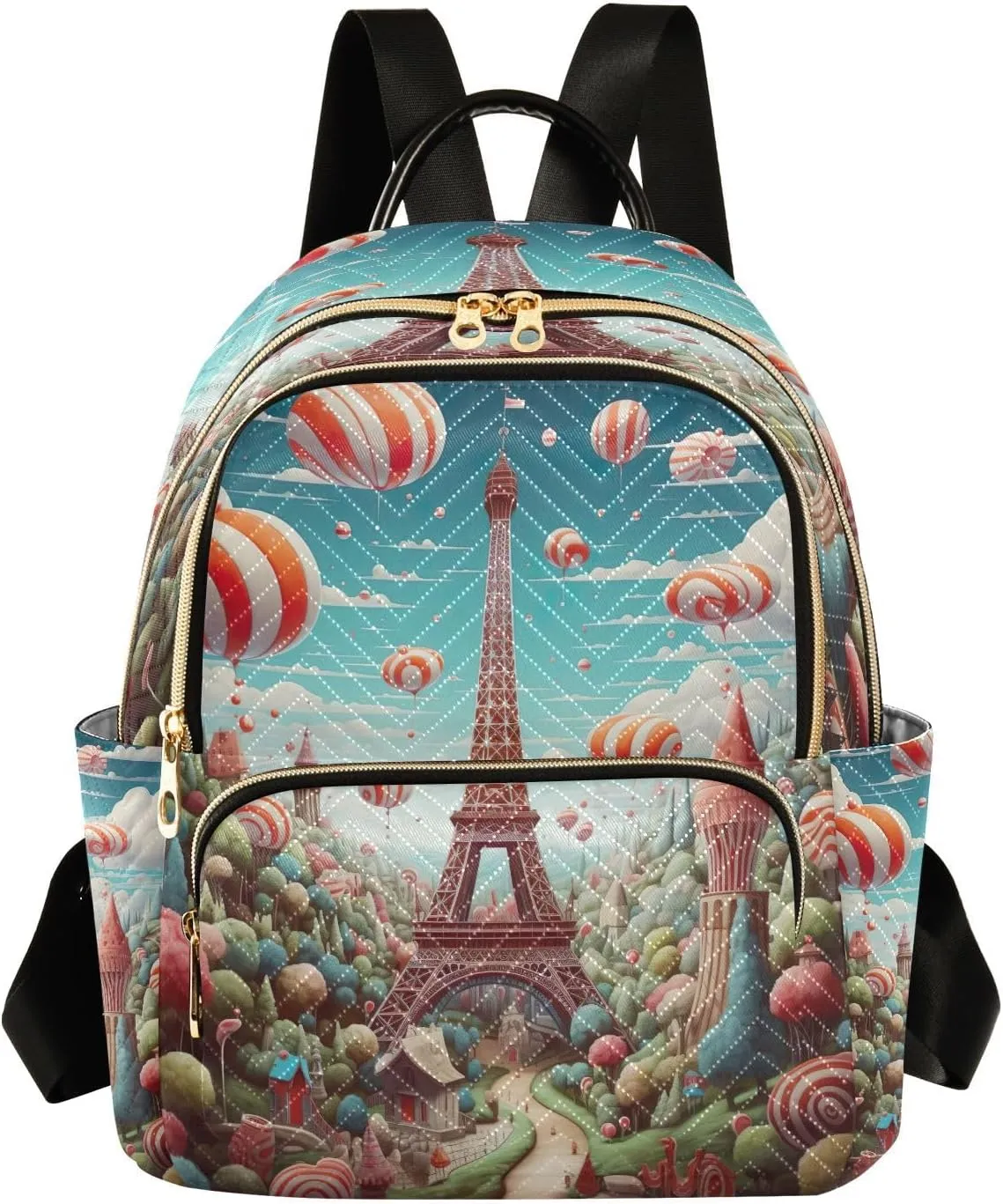 Eiffel Tower Hot Air Balloon Backpack Purse for Women Fashion Small Mini Daypack Purse for Lady Anti-theft Shoulder Bag with Double Zipper Weekend Bag