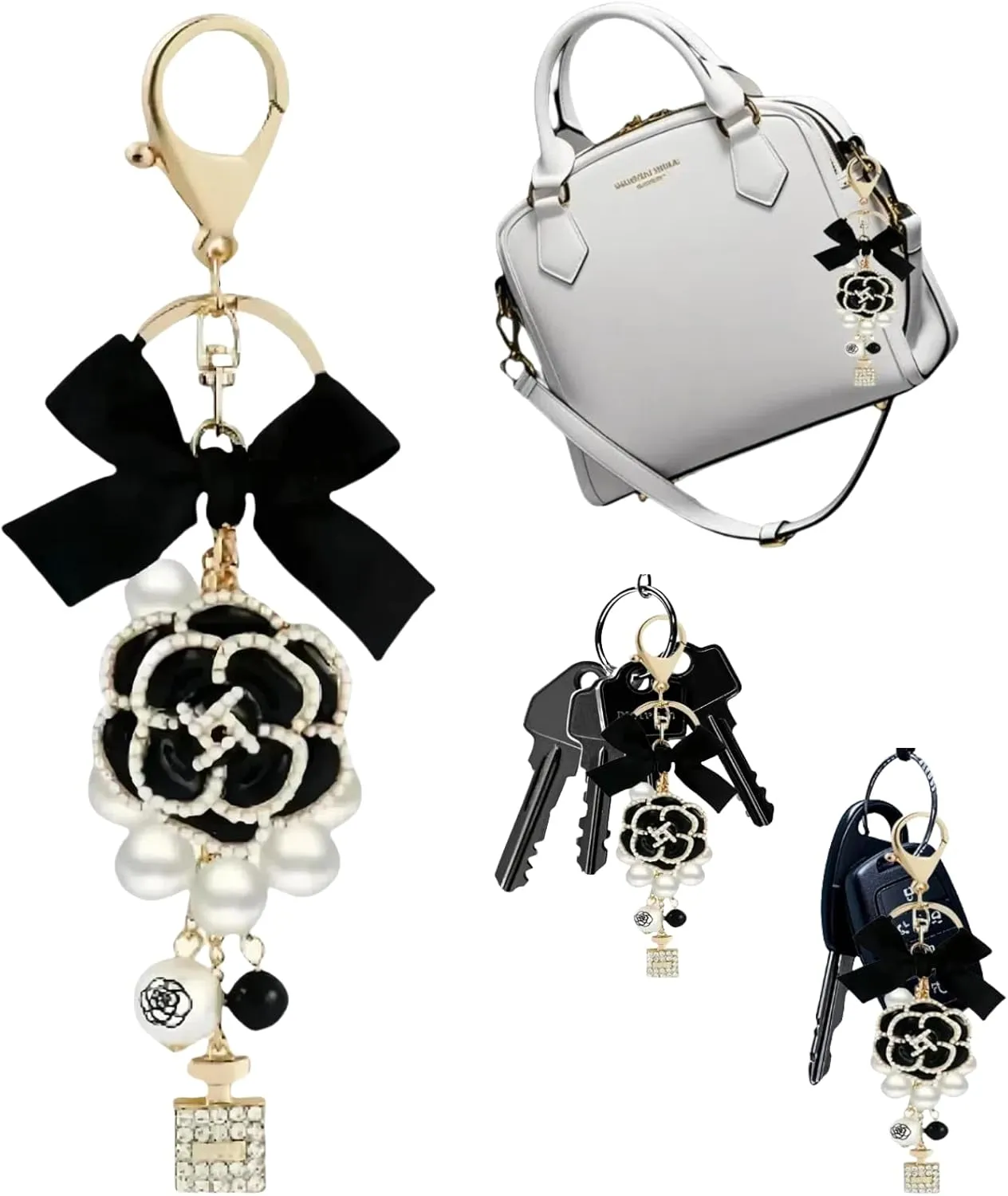 Elegant black leather clutch with pearl bow Charm - Fashionable women's key clutch with Bow Keychain,car accessories,Flower - Perfect for cute women's keychains and Chic leather bag charm accessories