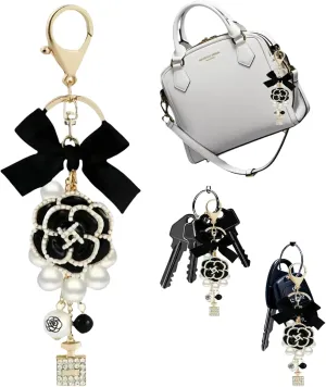 Elegant black leather clutch with pearl bow Charm - Fashionable women's key clutch with Bow Keychain,car accessories,Flower - Perfect for cute women's keychains and Chic leather bag charm accessories
