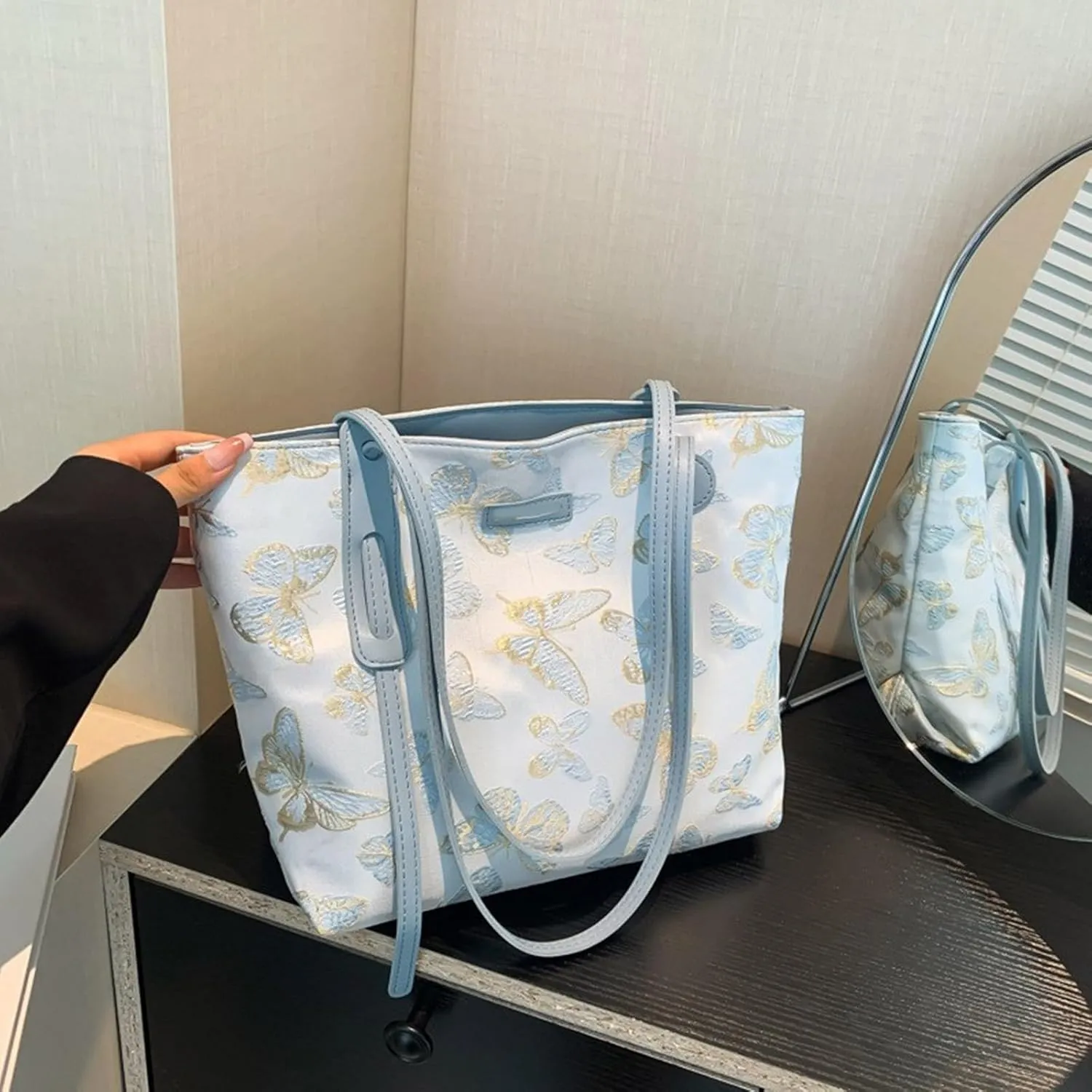 Elegant Embroidery Butterfly Handbag Large Capacity Canvas Top Handle Bags for Women Casual Shoulder Bags Satchel