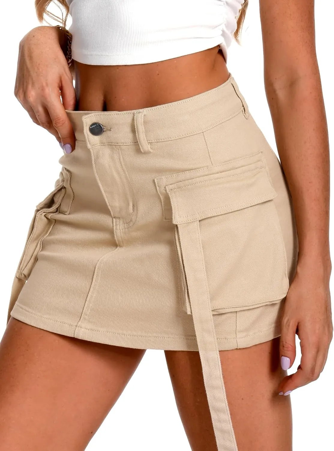 ELLEVEN High Stretch Denim Cargo Skirt for Women, Low Waist Y2k Mini Jean Skirt Cute Skirt with Pockets