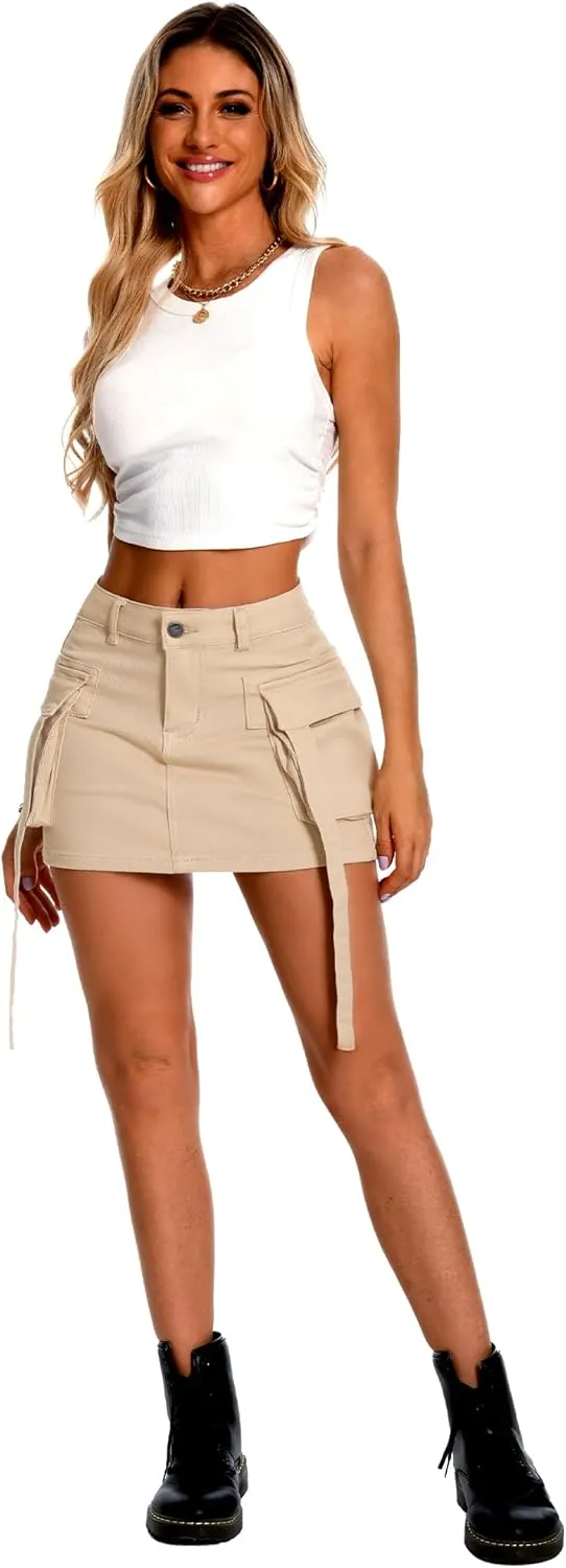 ELLEVEN High Stretch Denim Cargo Skirt for Women, Low Waist Y2k Mini Jean Skirt Cute Skirt with Pockets