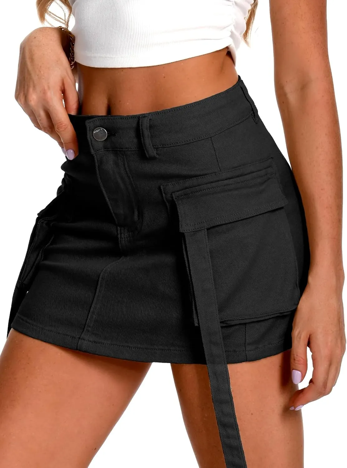 ELLEVEN High Stretch Denim Cargo Skirt for Women, Low Waist Y2k Mini Jean Skirt Cute Skirt with Pockets