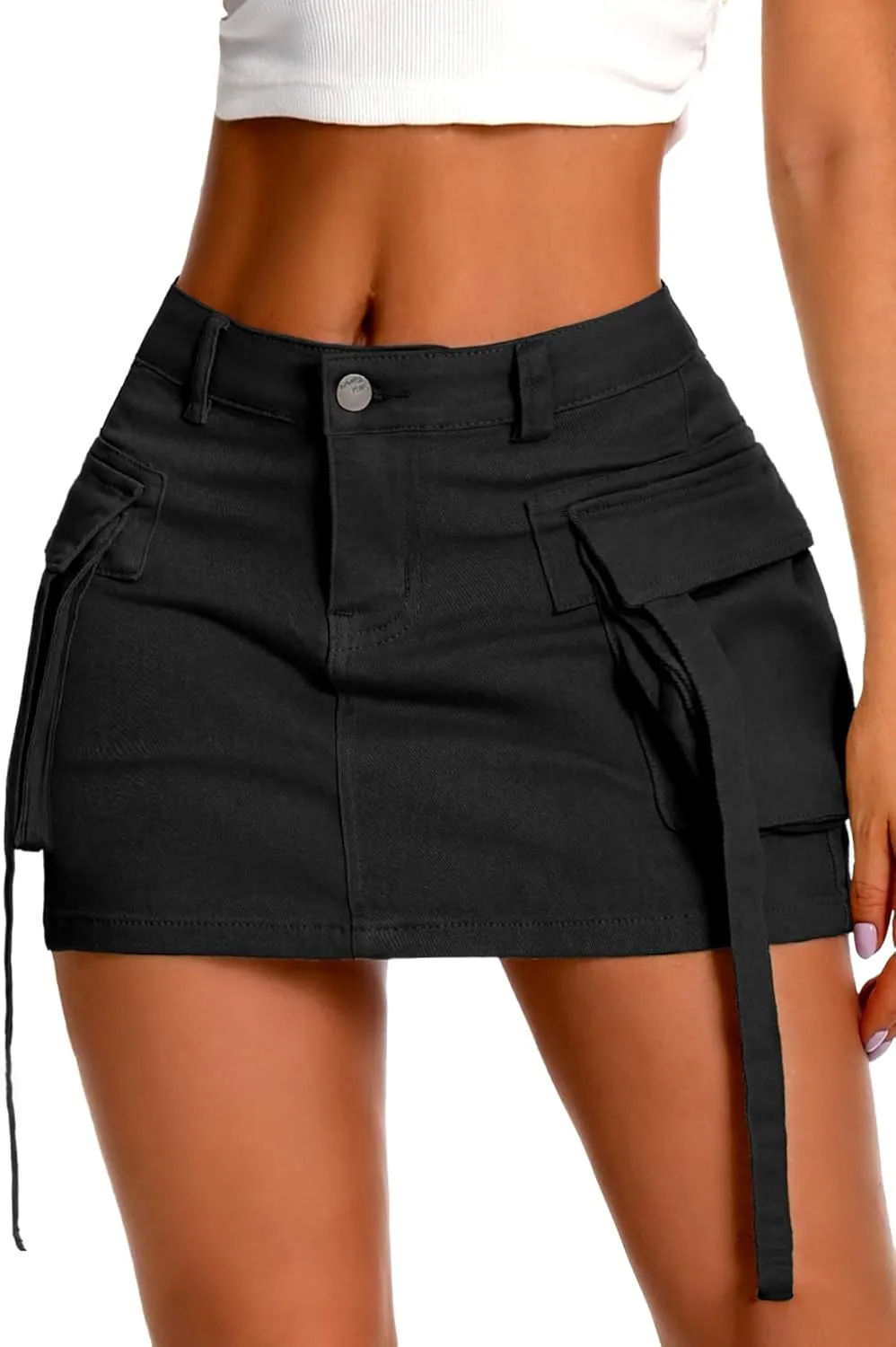 ELLEVEN High Stretch Denim Cargo Skirt for Women, Low Waist Y2k Mini Jean Skirt Cute Skirt with Pockets