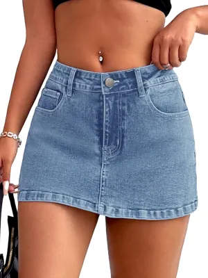 ELLEVEN High Stretchy Mini Skort Skirt for Women,Low Waist Denim Skort Shorts with Pockets