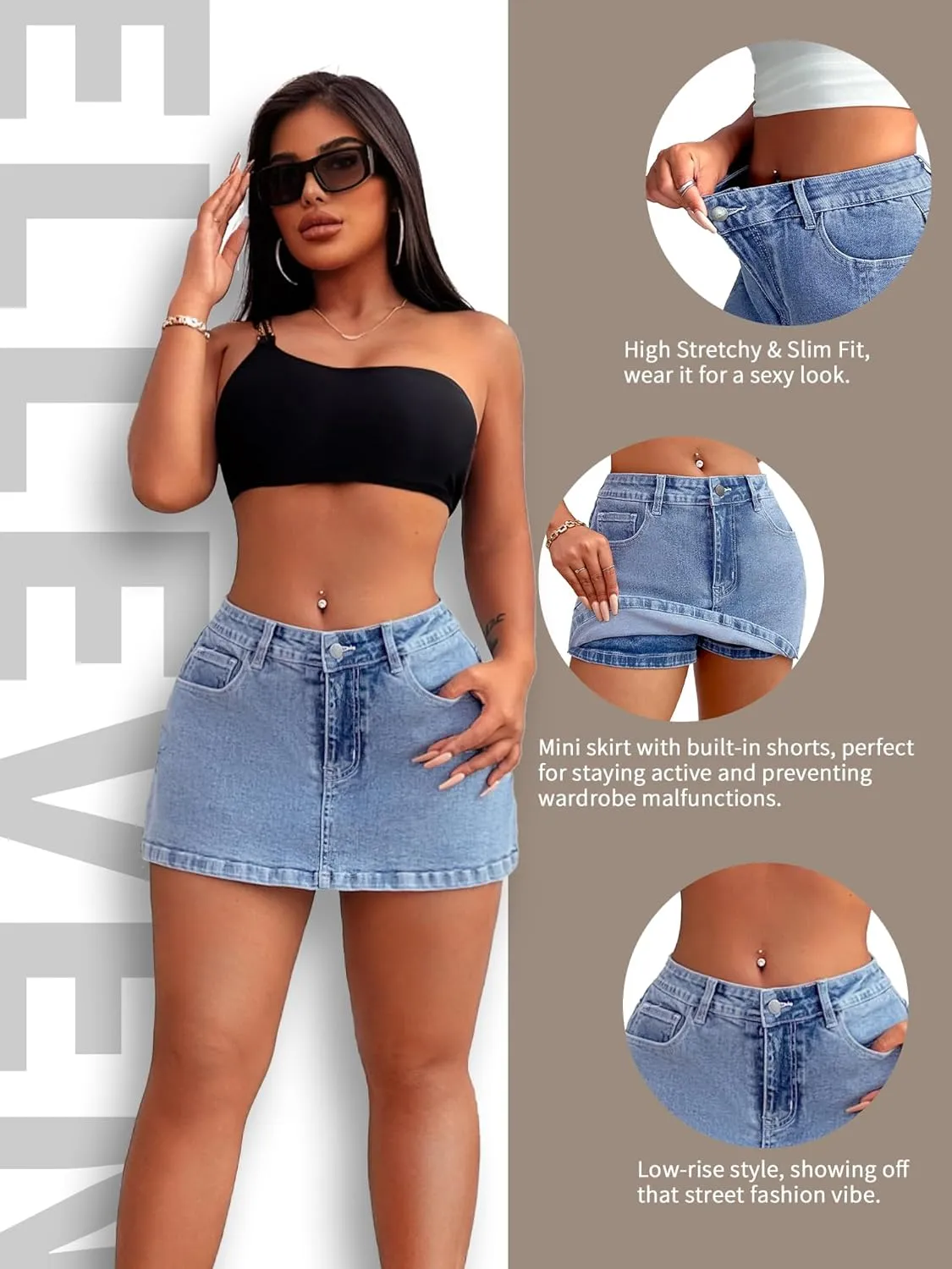 ELLEVEN High Stretchy Mini Skort Skirt for Women,Low Waist Denim Skort Shorts with Pockets