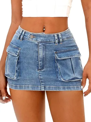 ELLEVEN Women's Low Waist Mini Cargo Skirt Y2K, High-Stretch Bodycon Button Denim Skirt with Pockets