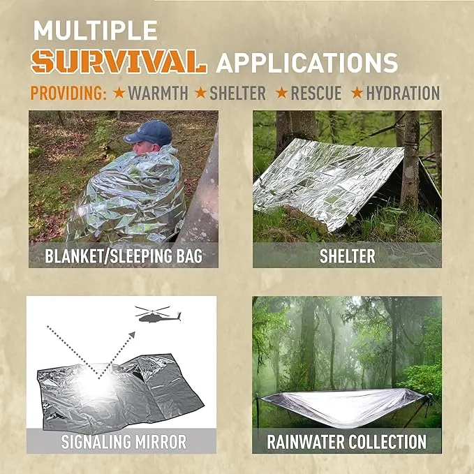 Emergency Blankets for Survival, 4 Pack, Mylar Foil Blankets, Thermal Space Blanket, Car Supplies, Camping Accessories, Hiking, Outdoor Gear and Equipment, Bug Out Bag.