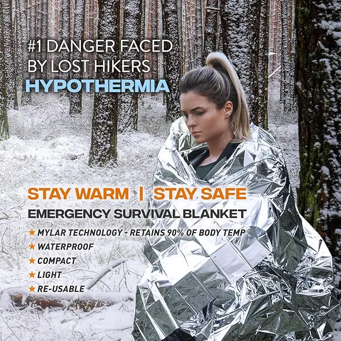 Emergency Blankets for Survival, 4 Pack, Mylar Foil Blankets, Thermal Space Blanket, Car Supplies, Camping Accessories, Hiking, Outdoor Gear and Equipment, Bug Out Bag.
