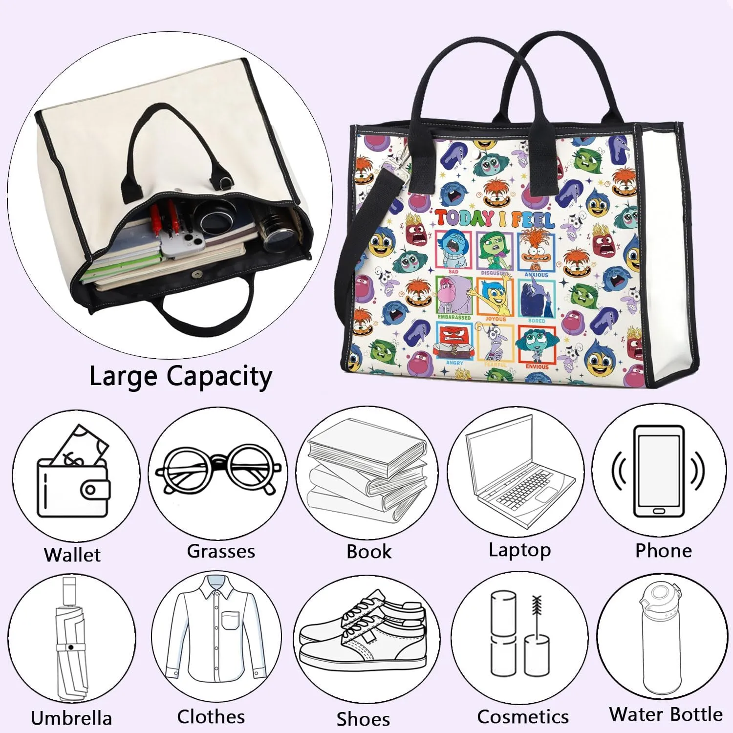 ENSIANTH Cartoon Emotions Inspired Gift All The Feelings Characters Tote Bag Joy Anger Fear Sadness Railay Emotion Team Gift
