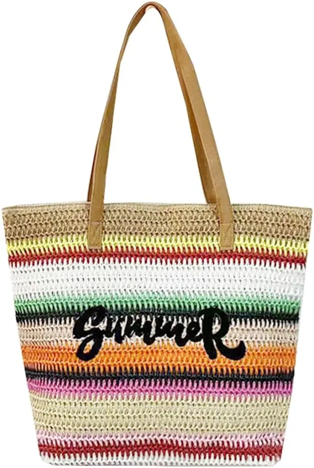 Epsion 2025 Large Straw Tote Bag for Women Woven Colored Stripe Shoulder Bags Handbag Beach Travel Summer