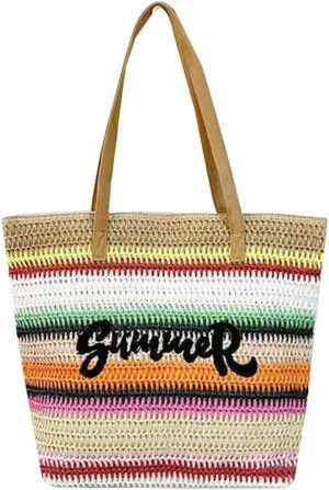 Epsion 2025 Large Straw Tote Bag for Women Woven Colored Stripe Shoulder Bags Handbag Beach Travel Summer