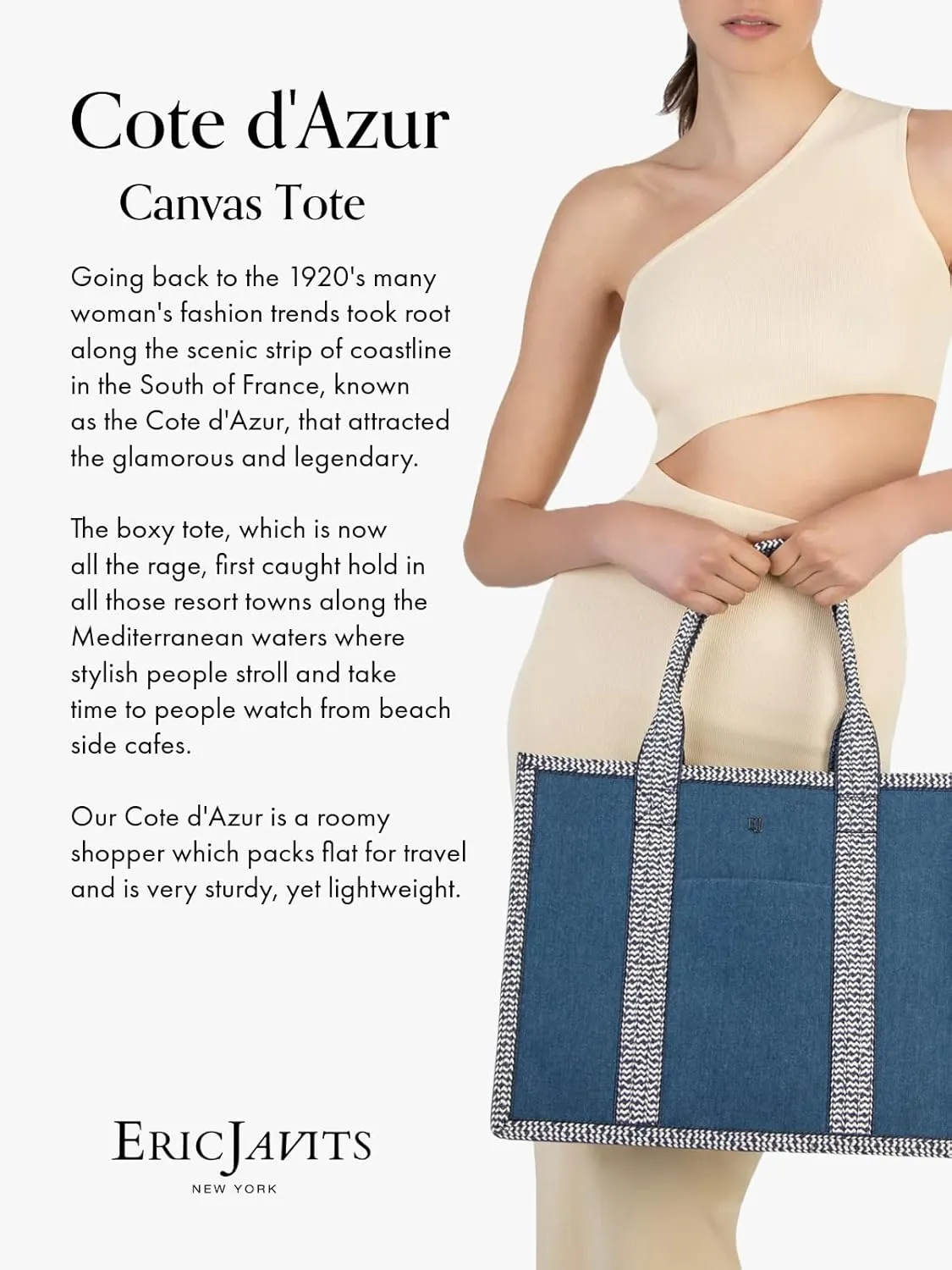 Eric Javits Cote D'Azur Tote Bag - Canvas & Squishee Straw Beach Bags for Women with Zip Pouch & 3 Outer Pockets