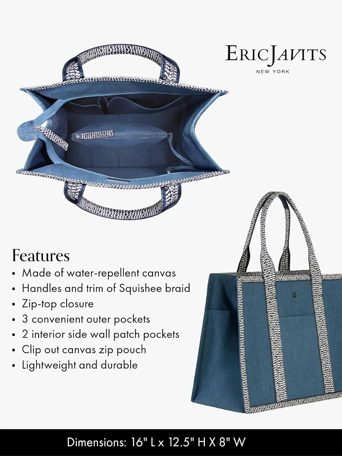Eric Javits Cote D'Azur Tote Bag - Canvas & Squishee Straw Beach Bags for Women with Zip Pouch & 3 Outer Pockets