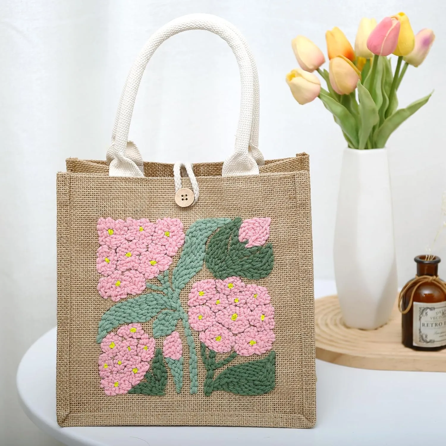 ERNTRNL Punch Needle Kits for Adults Beginner - Punch Needle Embroidery Tote Bag Set, Punch Stitching Kit with Instructions & Video Tutorial,Unique Pattern,Tools (Pink-Green)