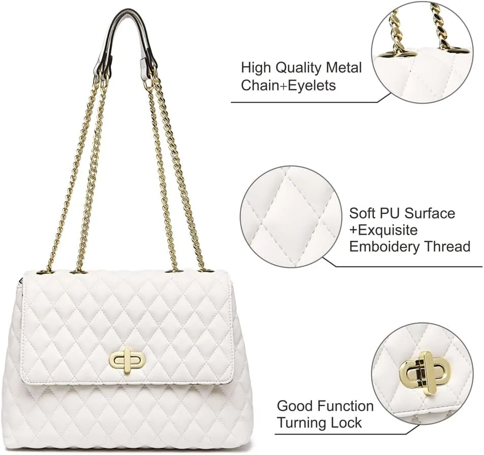ER.Roulour Quilted Crossbody Bags for Women, Trendy Roomy Shoulder Handbags with Flap Gold Hardware Chain Purses Shoulder Bag