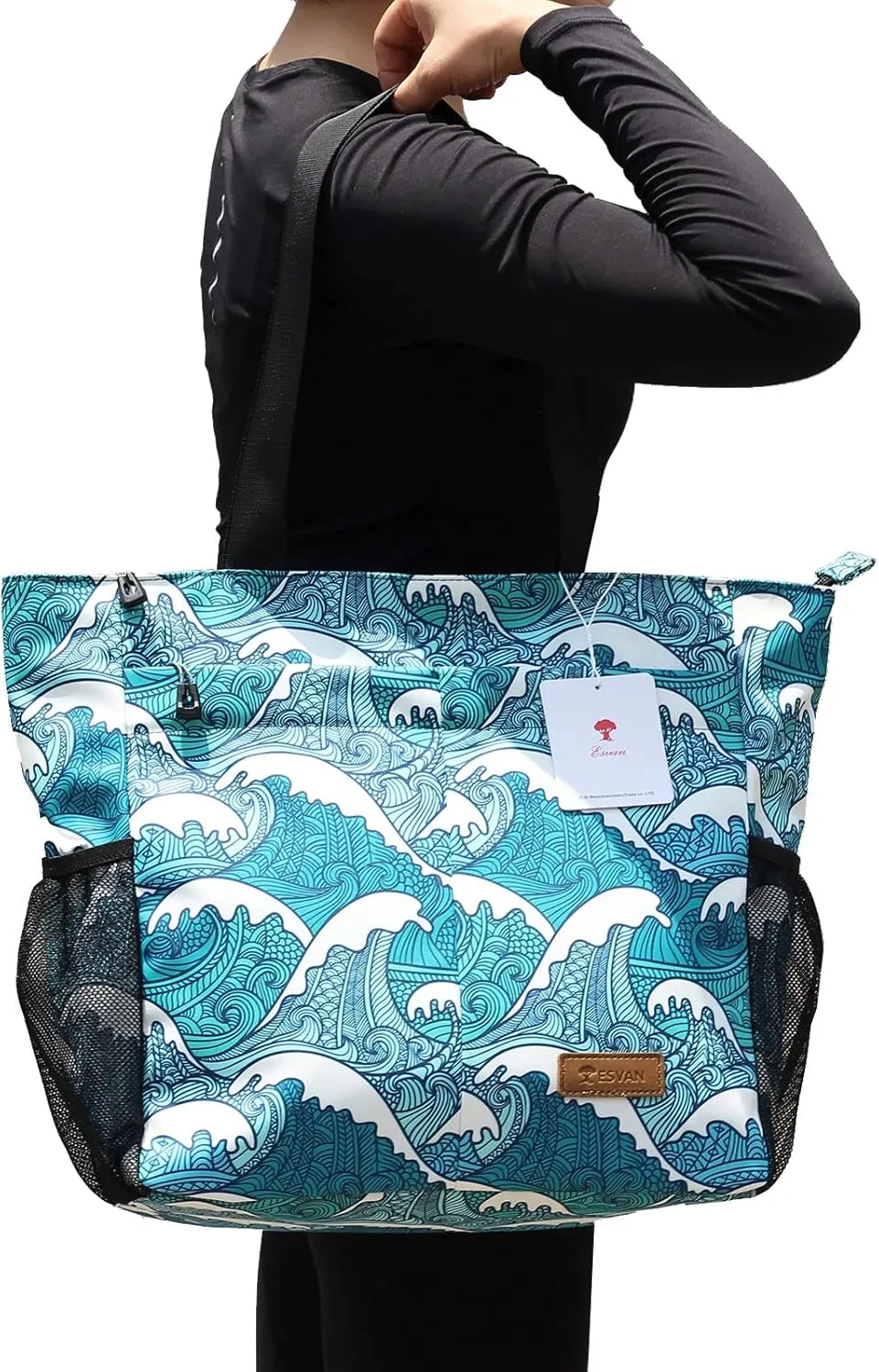 ESVAN Original Floral Tote Bag Large Shoulder Bag with Multi Pockets for Gym Travel Beach Daily Bags