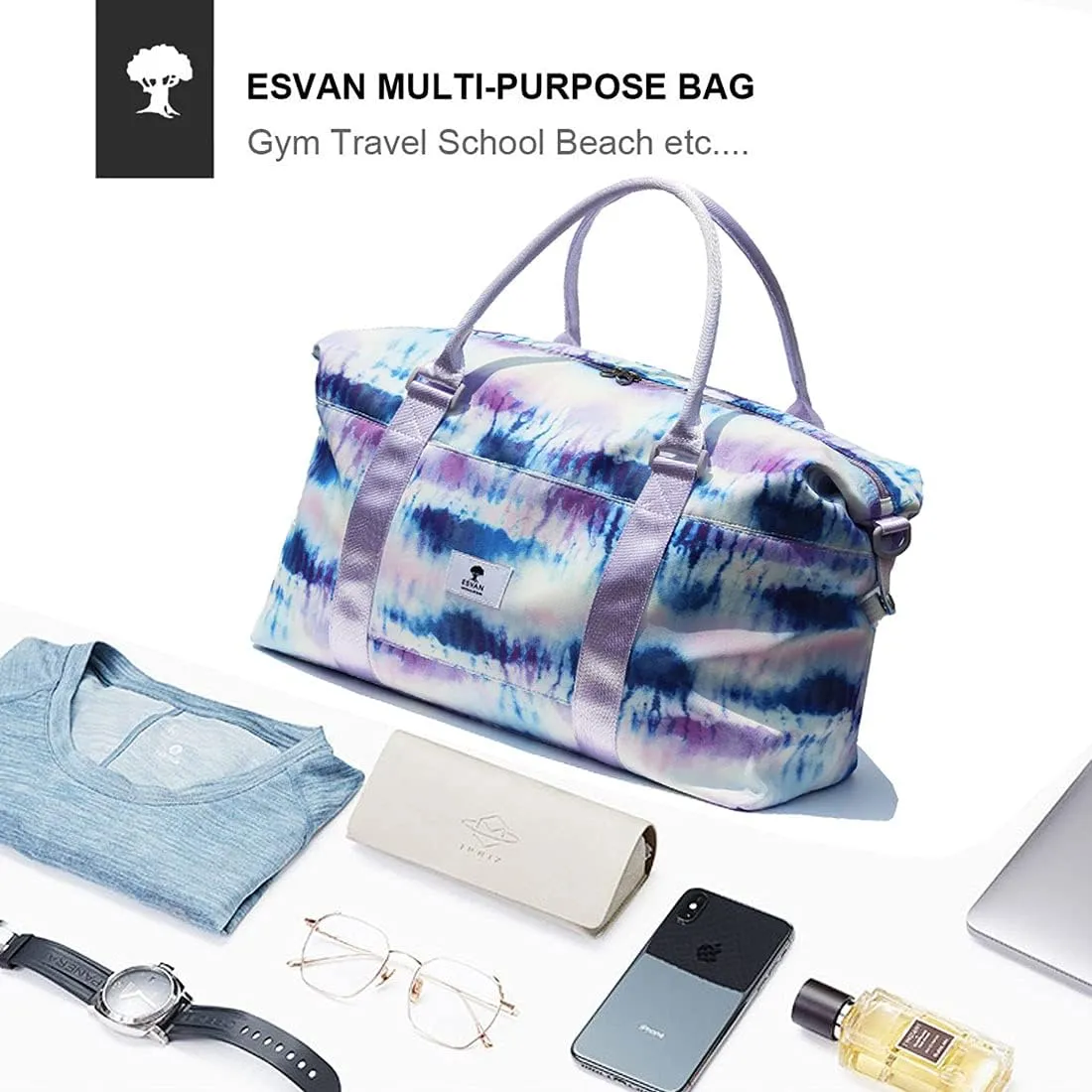 ESVAN Travel Tote Duffel Gym Bag,Weekender Overnight Carry-on Tote Crossbody Bag with Wet Pocket and Trolley Sleeve Upgraded